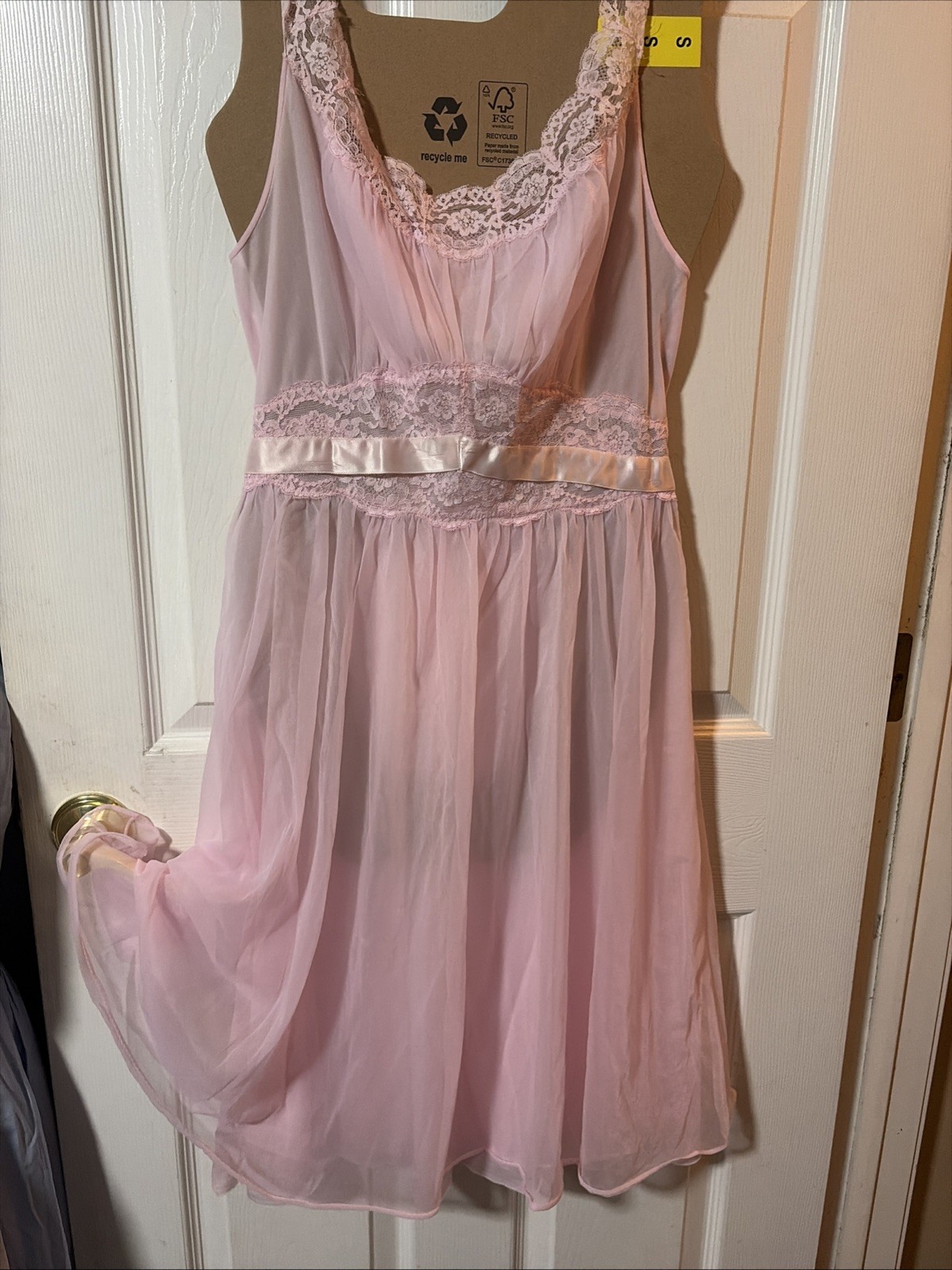 Vntg Nylon Vanity Fair Pink Chiffon Lace Baby Doll Hollywood Glamour Nightgown S