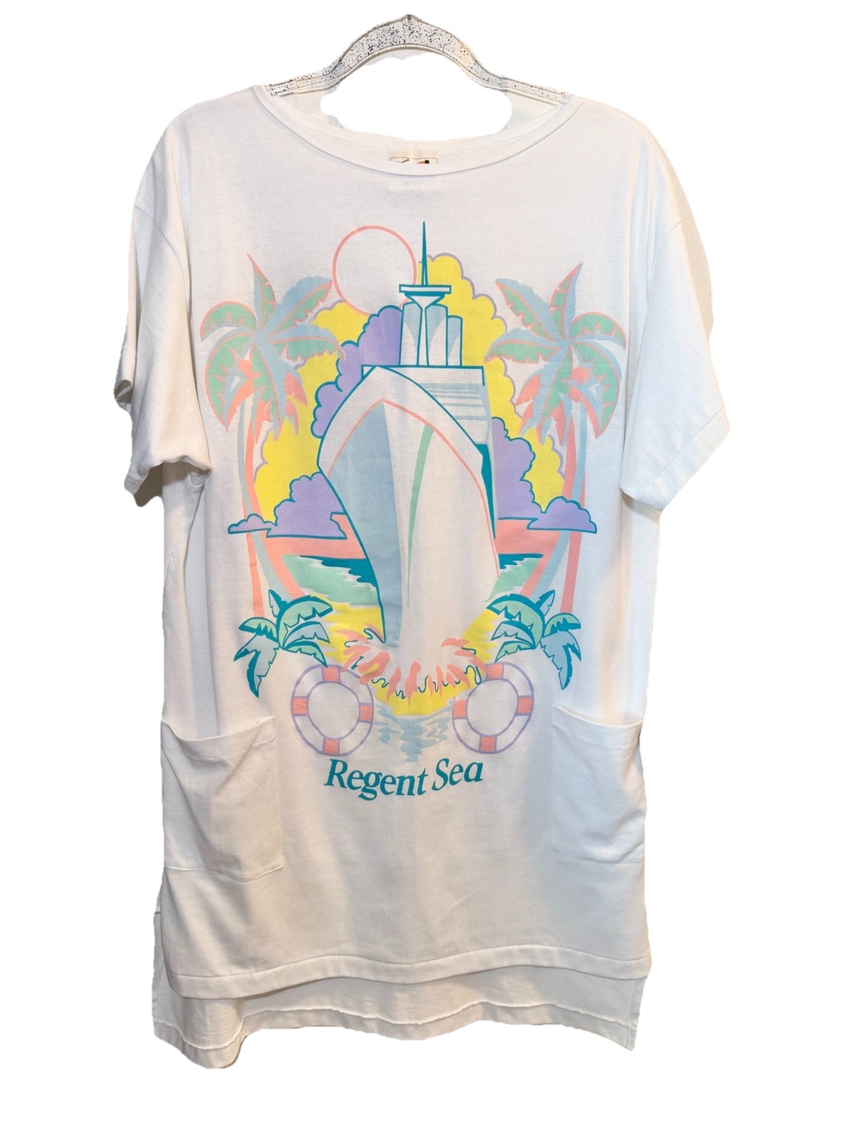 Y2K Tourist Cruise Ship Cover Up Dress Palm Trees Beach Pockets 90s Regent Sea