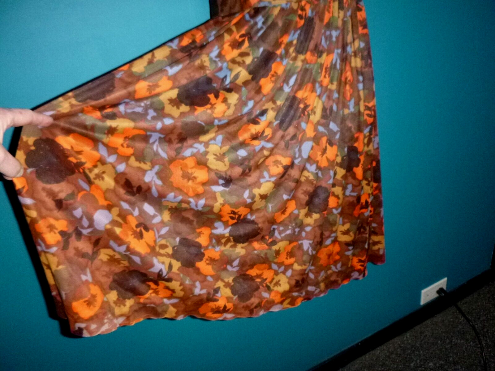 Vtg 60s Nylon Stretch Fabric Dress Multi Color Brown Orange Floral Sz S/M