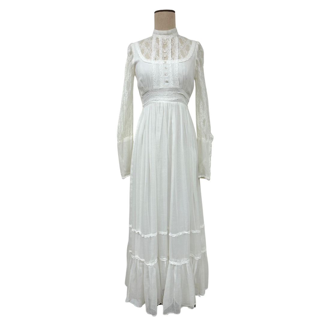 Vintage 1970s Gunne Sax Jessica McClintock White Lace Sleeve Victorian Dress