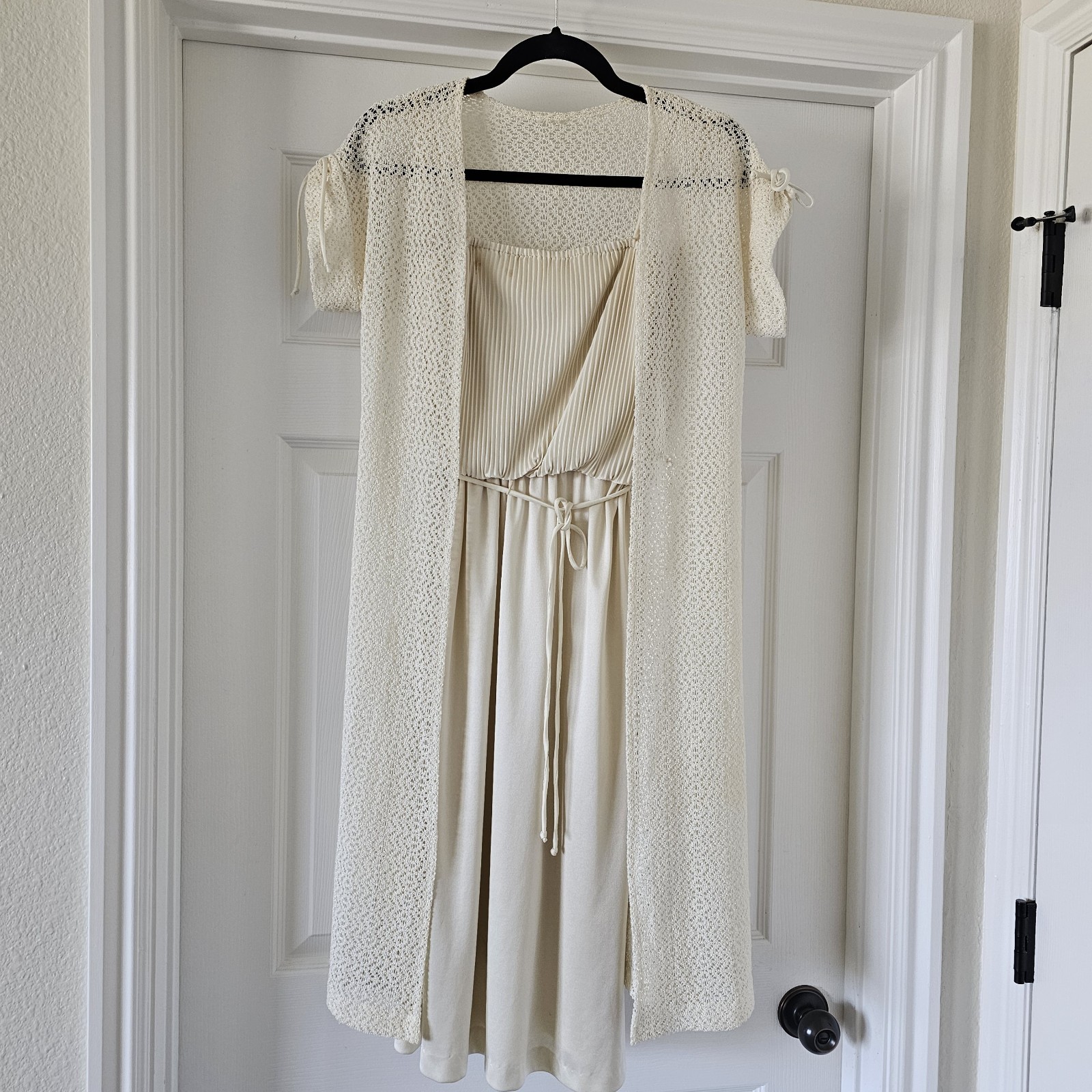 1970s Vintage Cream Ivory Spaghetti Strap Dress And Knit Lace Jacket Set #25