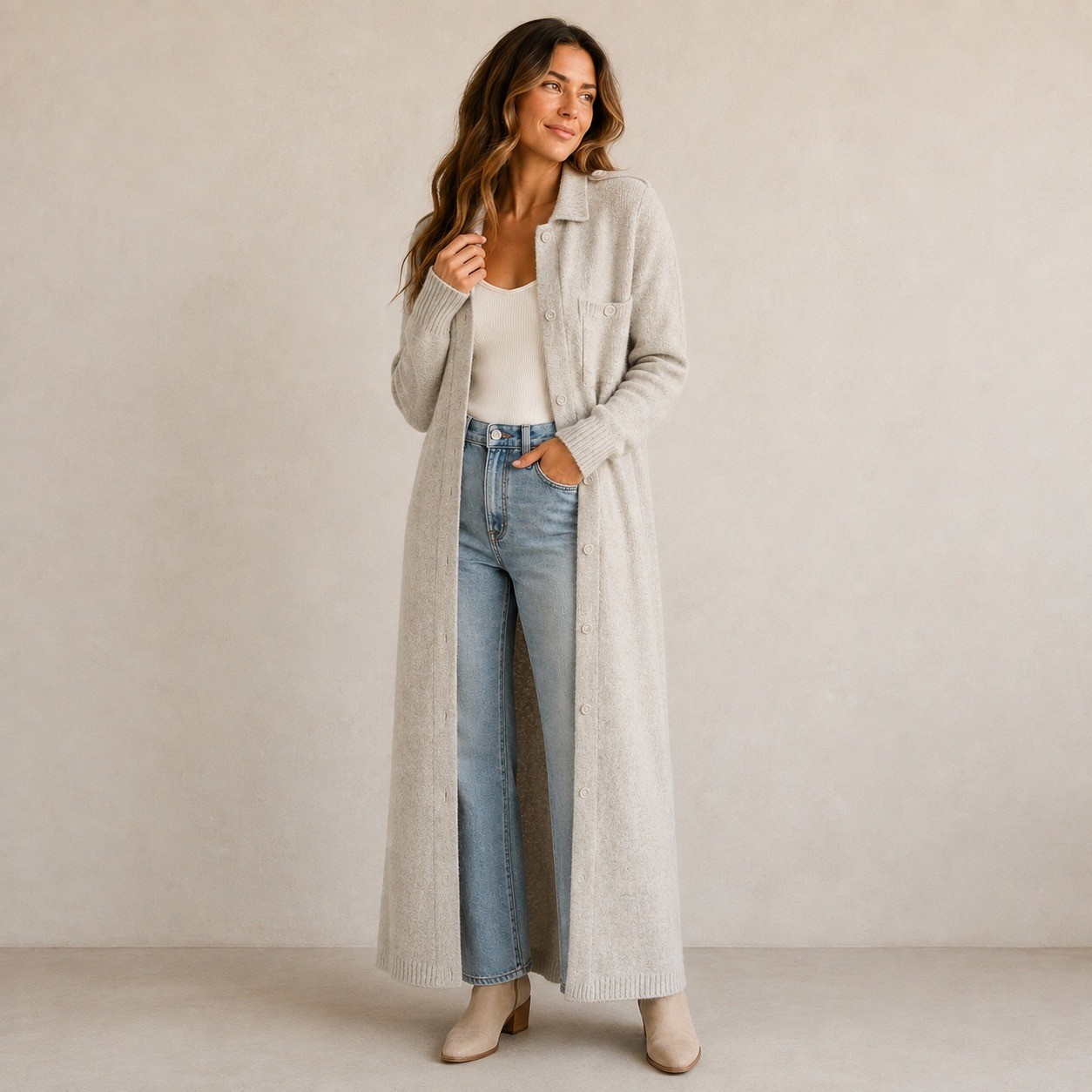 Vtg Liz Claiborne Lambswool Angora Long Cardigan Maxi Sweater Coat Gray Small