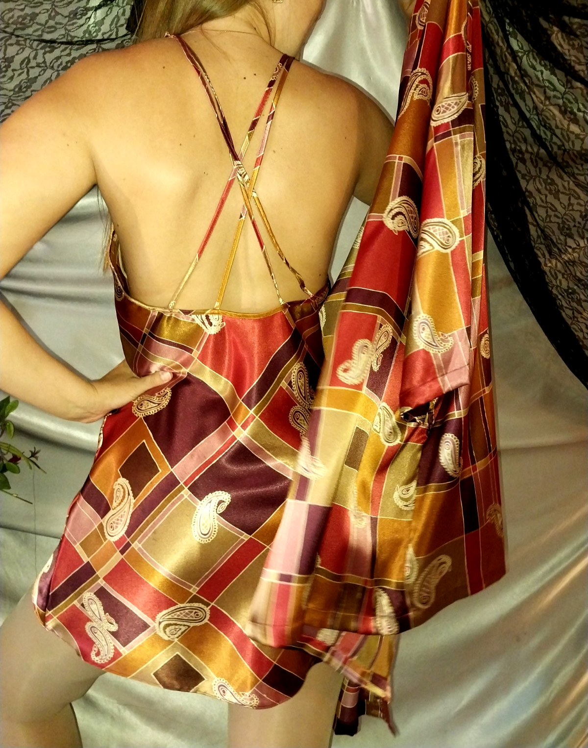 VTG SATIN SHINY GOLD BROWN ROSE PINK GEO PRINT BABYDOLL ROBE GOWN SET NOS L NEW
