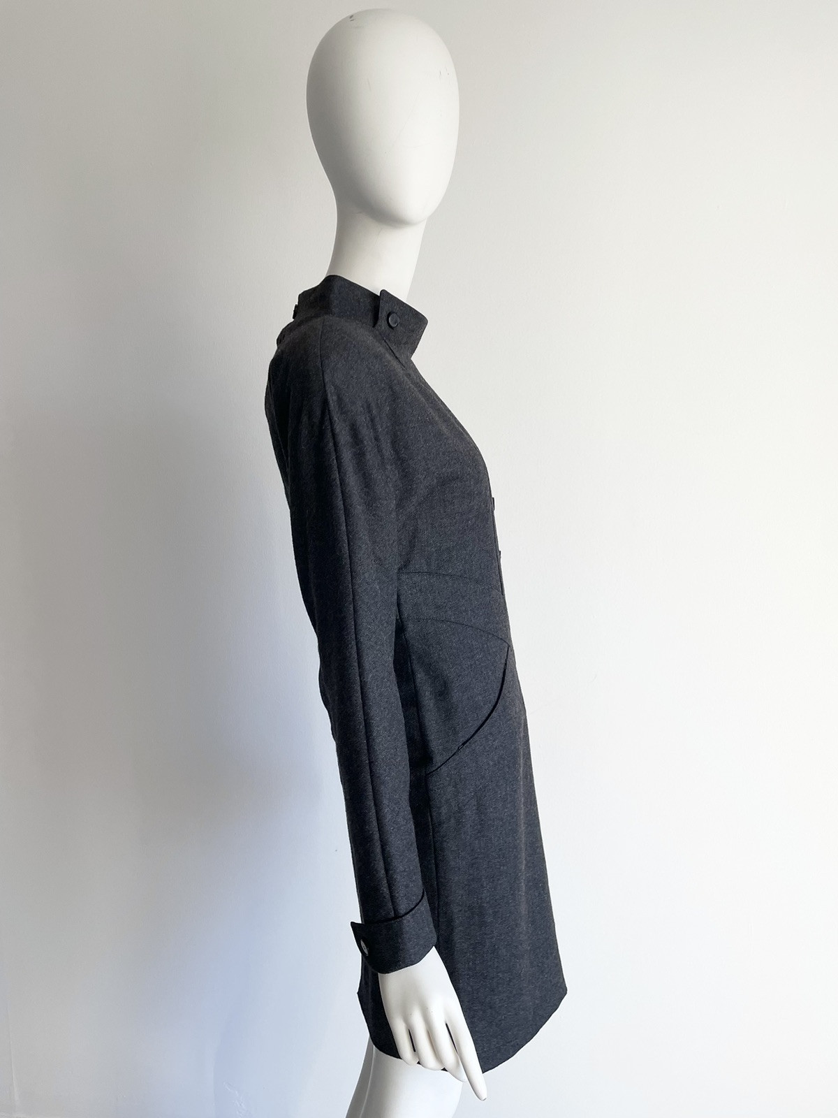 Vintage 1980s Chloe Gray Wool Dress Cross Front Buttons Shoulder Pads Size XS