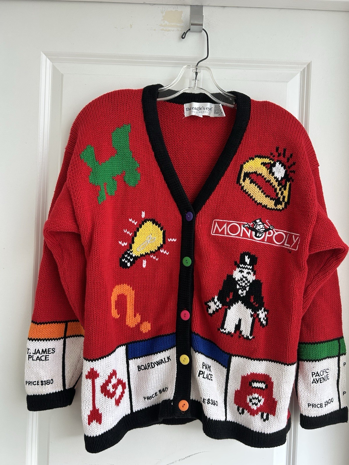 Vtg The Eagle’s Eye MONOPOLY BOARD GAME knit cardigan Women’s Size L RARE