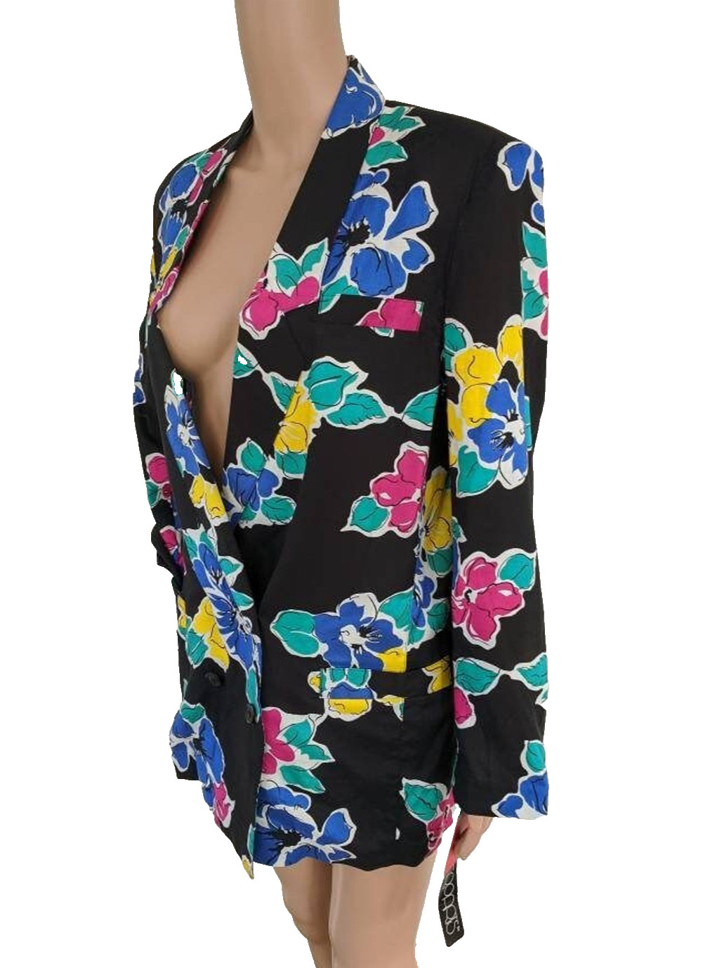 80s Black Floral Jacket Top Bright Print 8 New