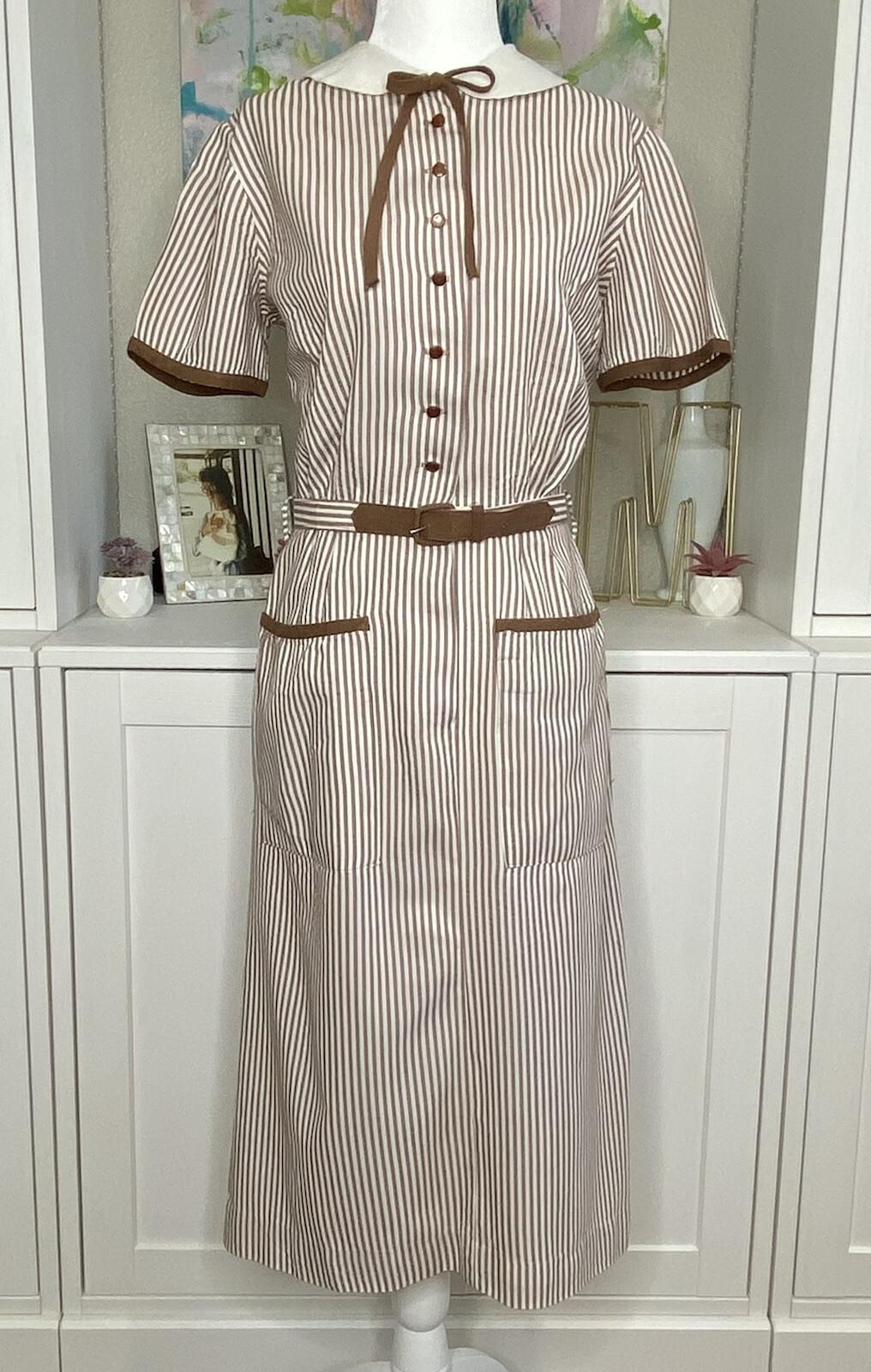 1950s Aldens Fashions Vintage Seersucker Striped Dress Medium NOS Malt Shop