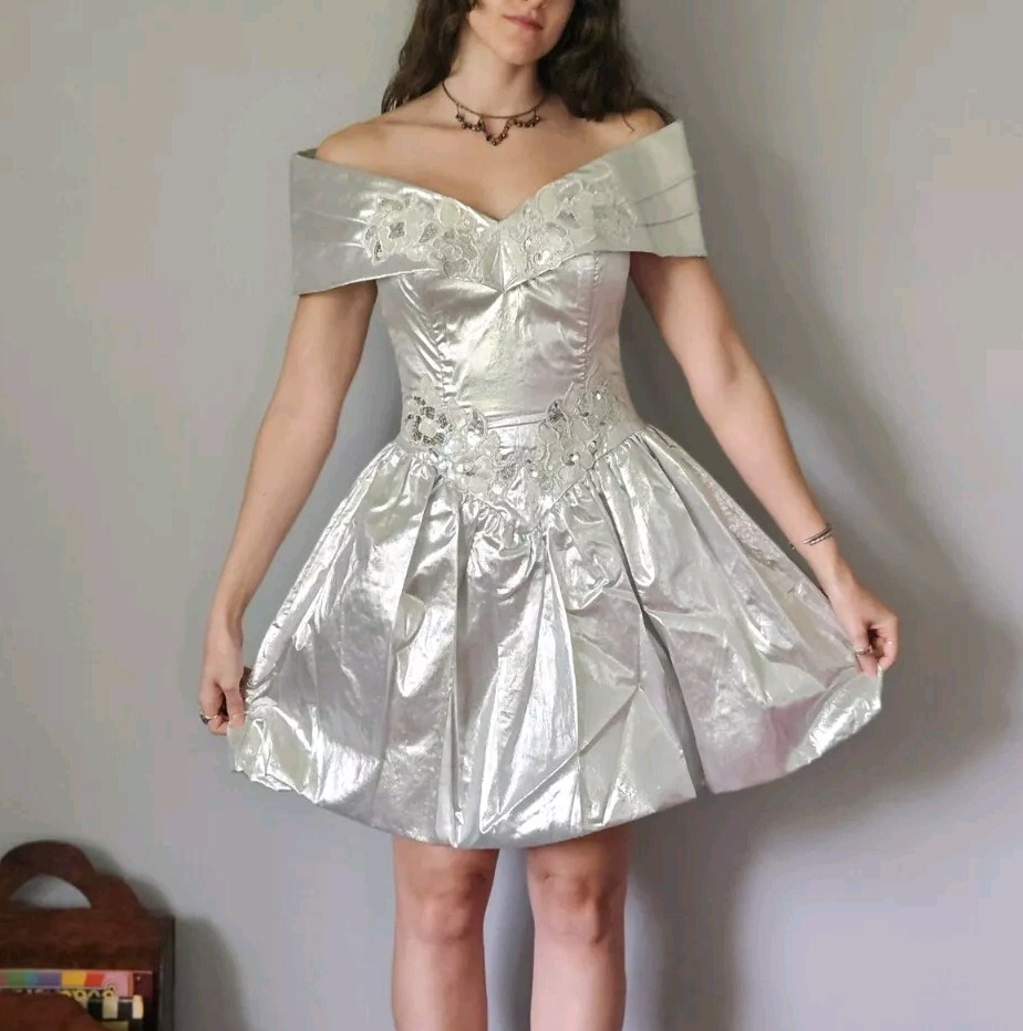 Vintage 1990s Gunne Sax Metallic Silver Lamé Party Dress