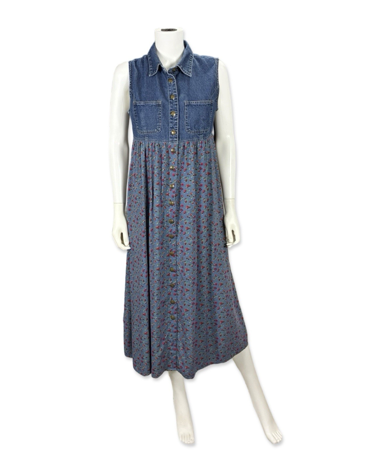 Cherokee VTG 90s Women’s Denim Top Floral Midi Dress Grunge Cottage Western L