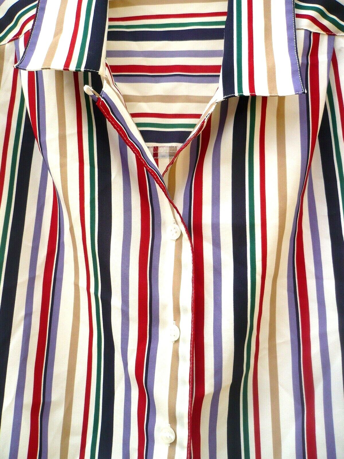 VTG 80S L BUTTON UP COLORFUL RED PURPLE GREEN TAN STRIPED SECRETARY BLOUSE WOMEN