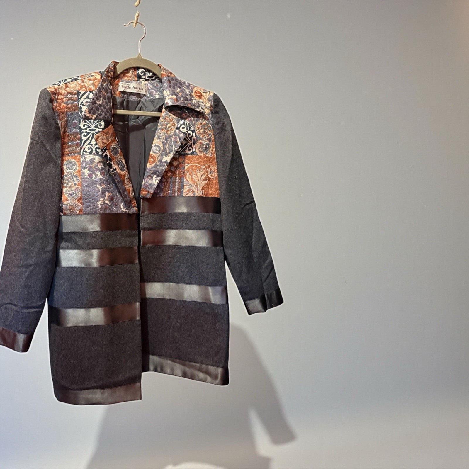 Vintage Claude Patrick Paris Gray Oversize Patchwork Tapestry Long Jacket Art