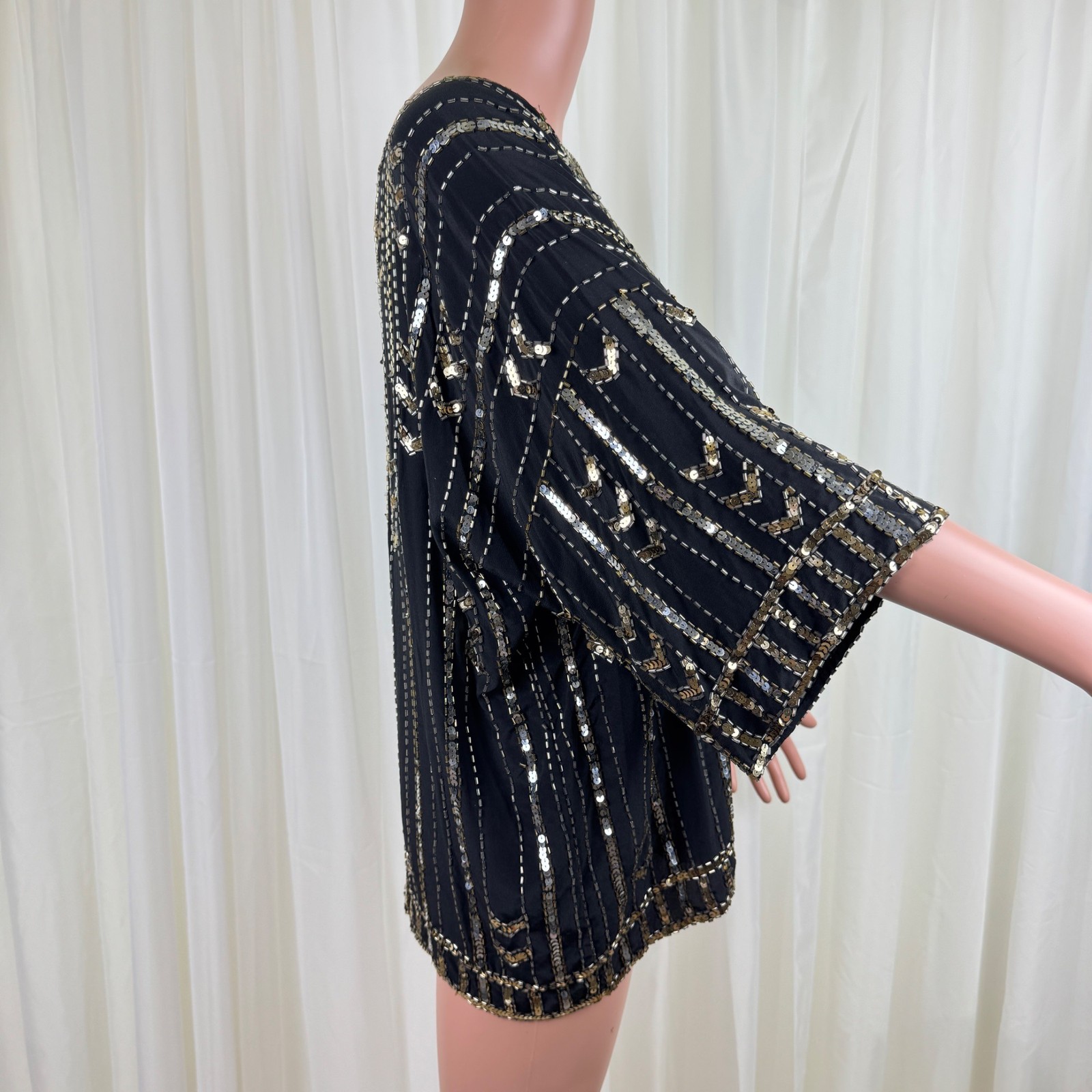 Vintage 80’s Three Flaggs 100% Silk Beaded Sequins Blouse Top Sz Large Black