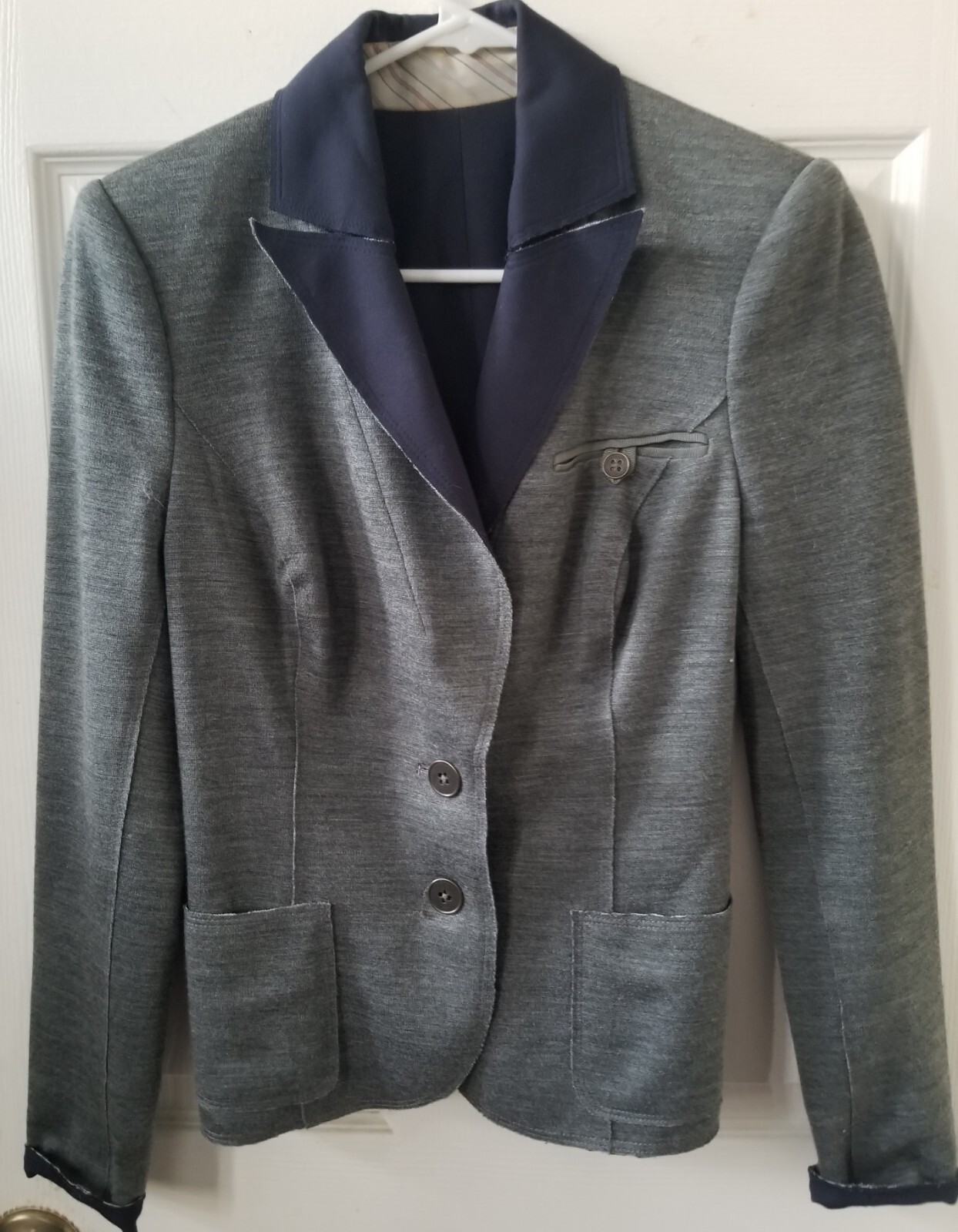 Vintage Womens Gray Jersey Blazer Jacket Navy Collar, Cuffs, Lining S