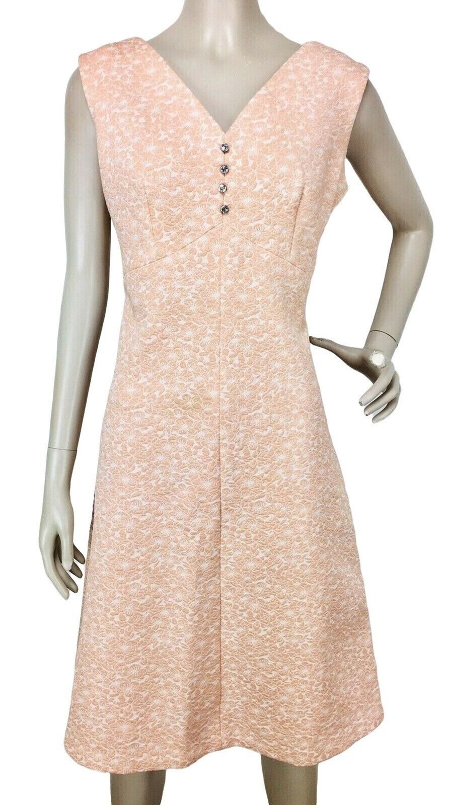 Vintage 60s Peach Floral Jacquard Sleeveless Shift Hostess Dress Bleeker Street