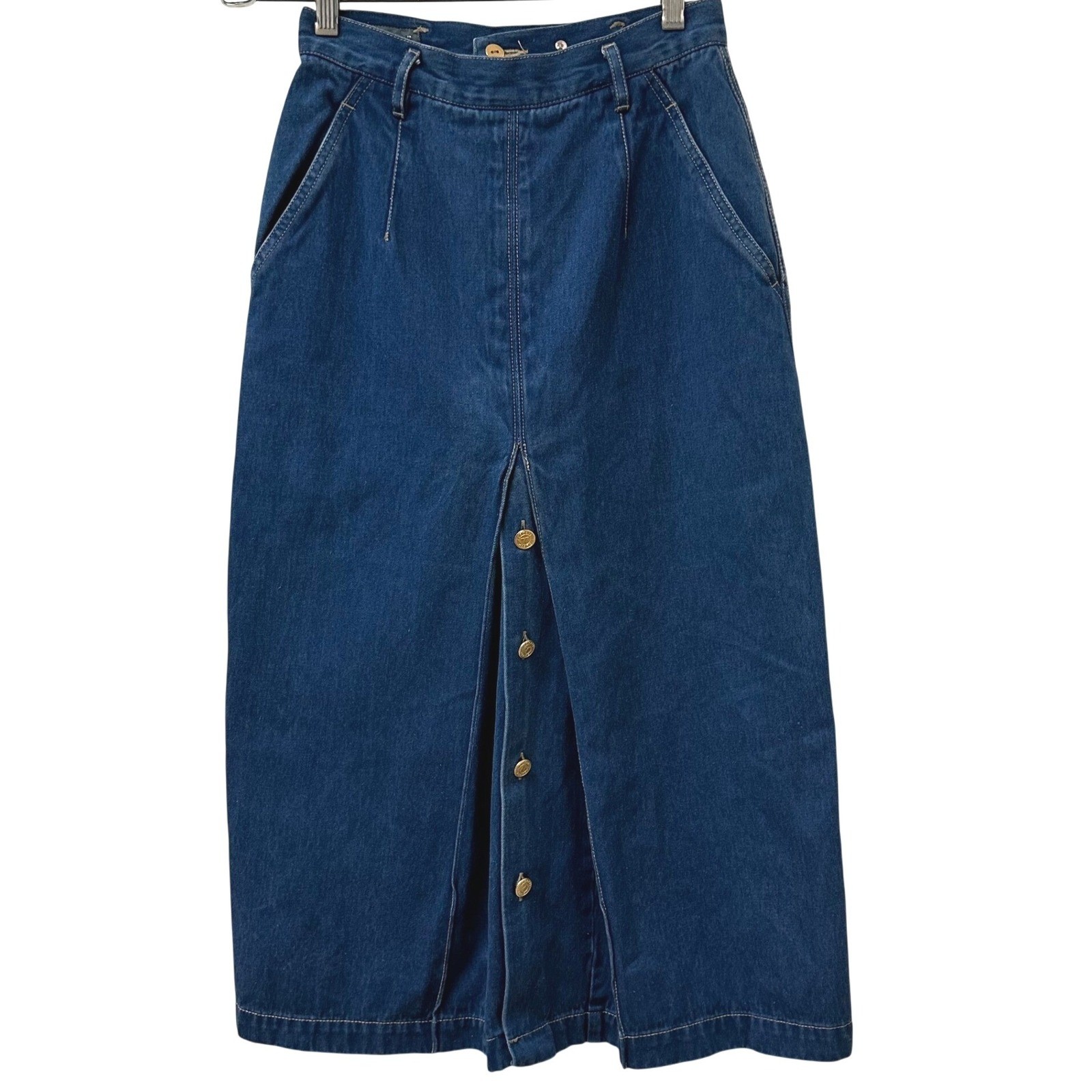 Lizwear Vintage 90s Denim Midi Skirt High Waisted Button Pleat Blue Size 4