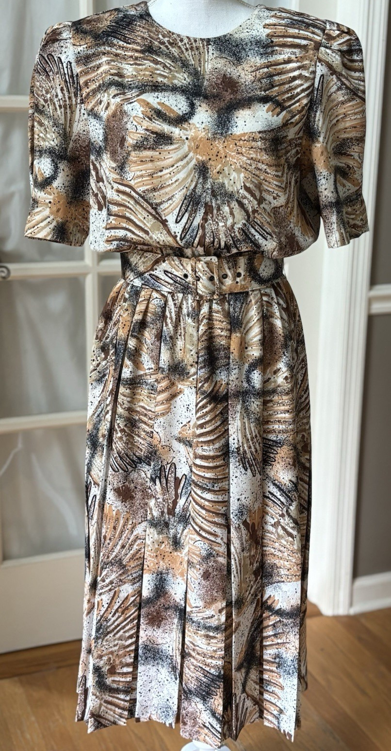 Vintage 1990 Italian Abstract Print Belted Pleated Midi Dress M