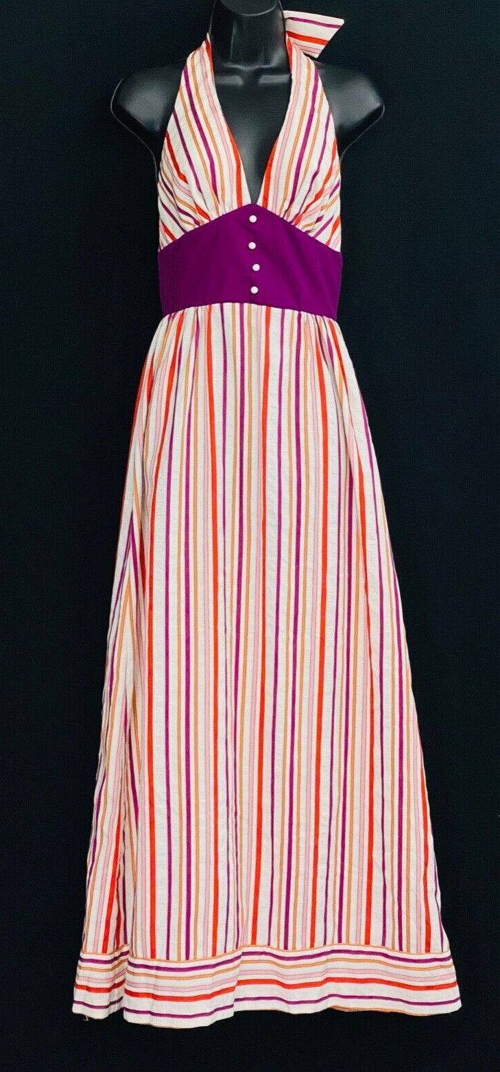 Vintage 1970s striped maxi dress, boho halter summer purple red pink Beach Party