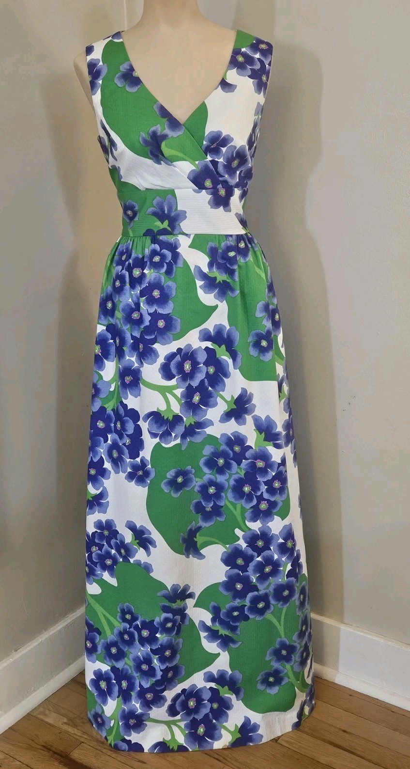 Vintage 1970s Maxi Hostess Dress Blue Violet Tiki Party Malia Honolulu