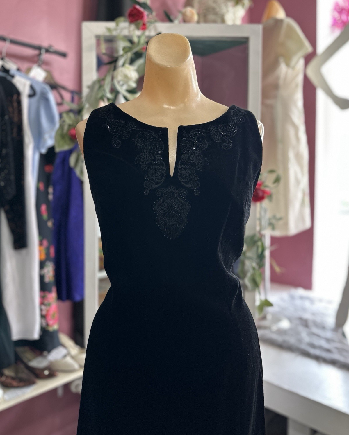 Vintage 90s Black Velvet Mini Dress Laura Ashley Beaded Cocktail Party M/L