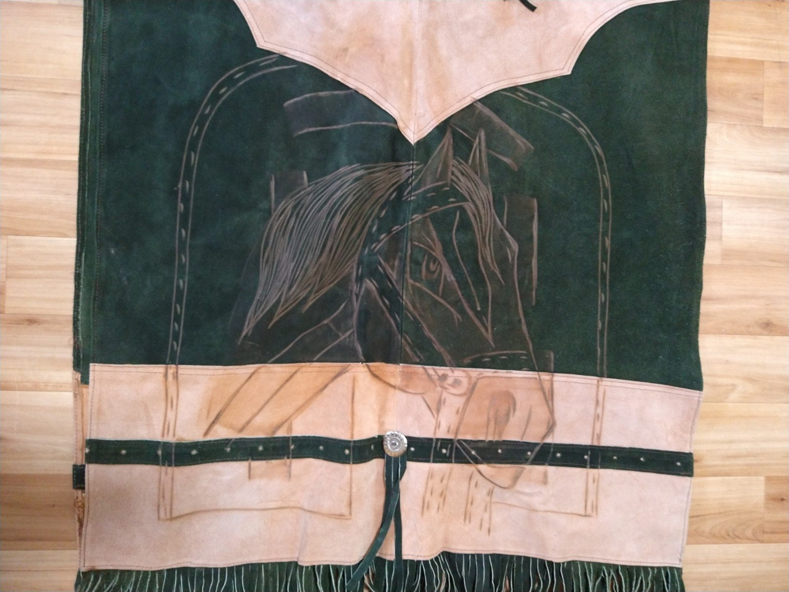 Vintage Armando’s Leather/Suede Fringed Poncho Horse Design Front and Back