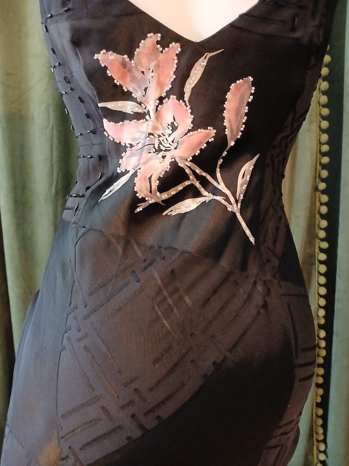 Vintage 90s L’Pogee Black Silk Rayon Floral Beaded Bias Cut Slip Gown Dress 8