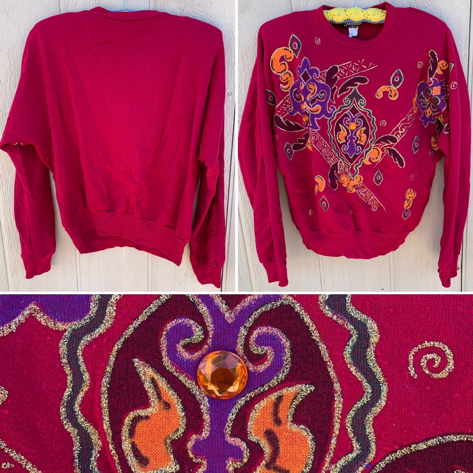 Vintage Silver Threads made in the USA jeweled wearable art sweatshirt size XS