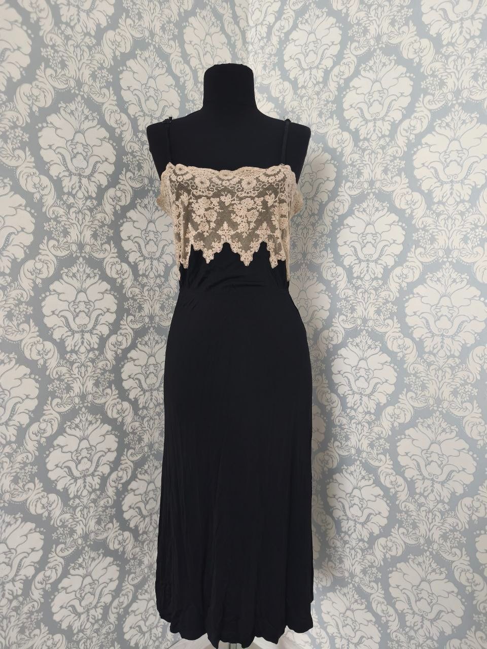 Vintage 50s Bemberg Charmeuse Lace Nightgown Slip Dress Black Beige 44