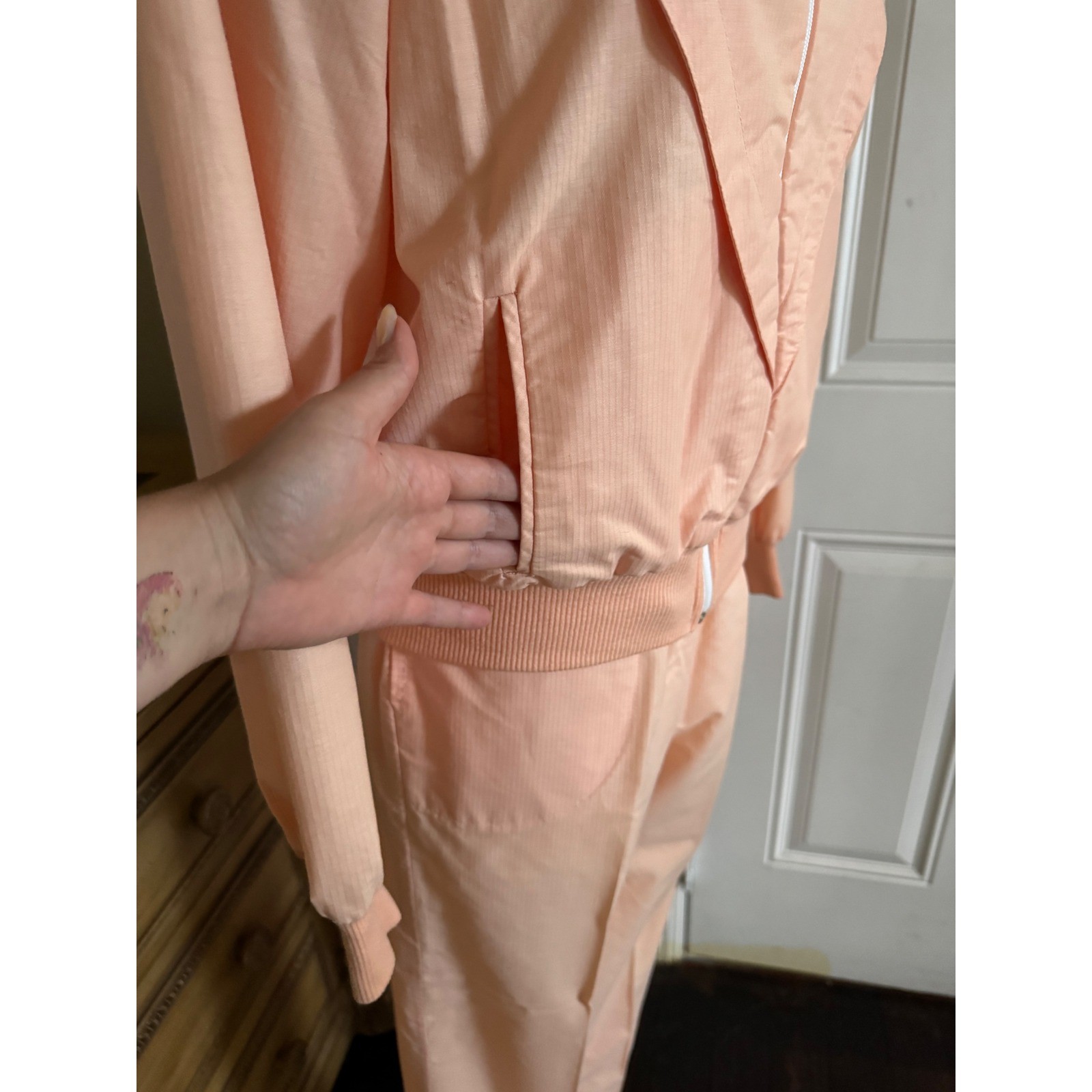 Vintage 80s Peach Tracksuit Set Retro Jacket & Pants Soft Pastel Athleisure XS