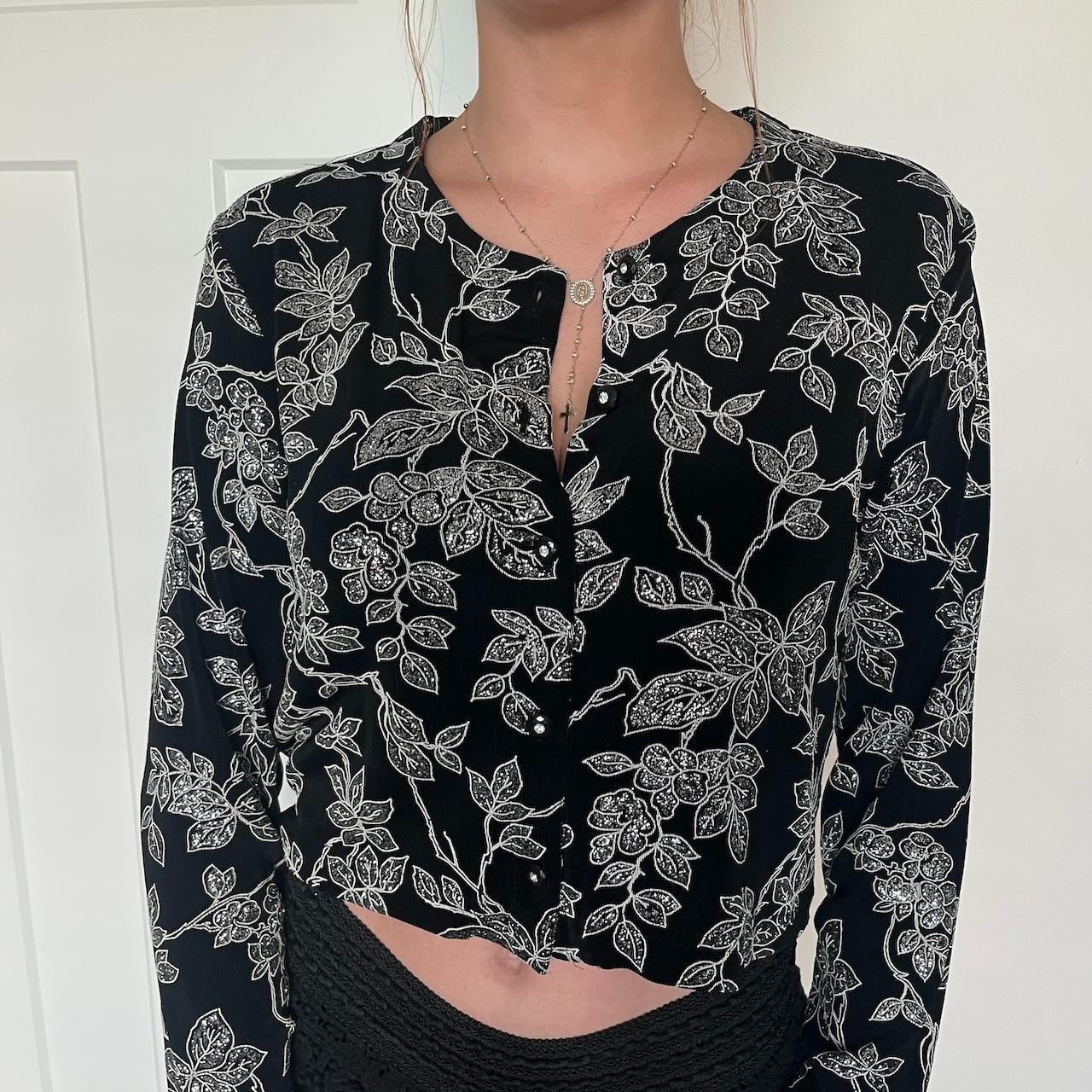 Vintage 90s Ronni Nicole Cardigan Womens Size 8 Black Silver Floral Patterned