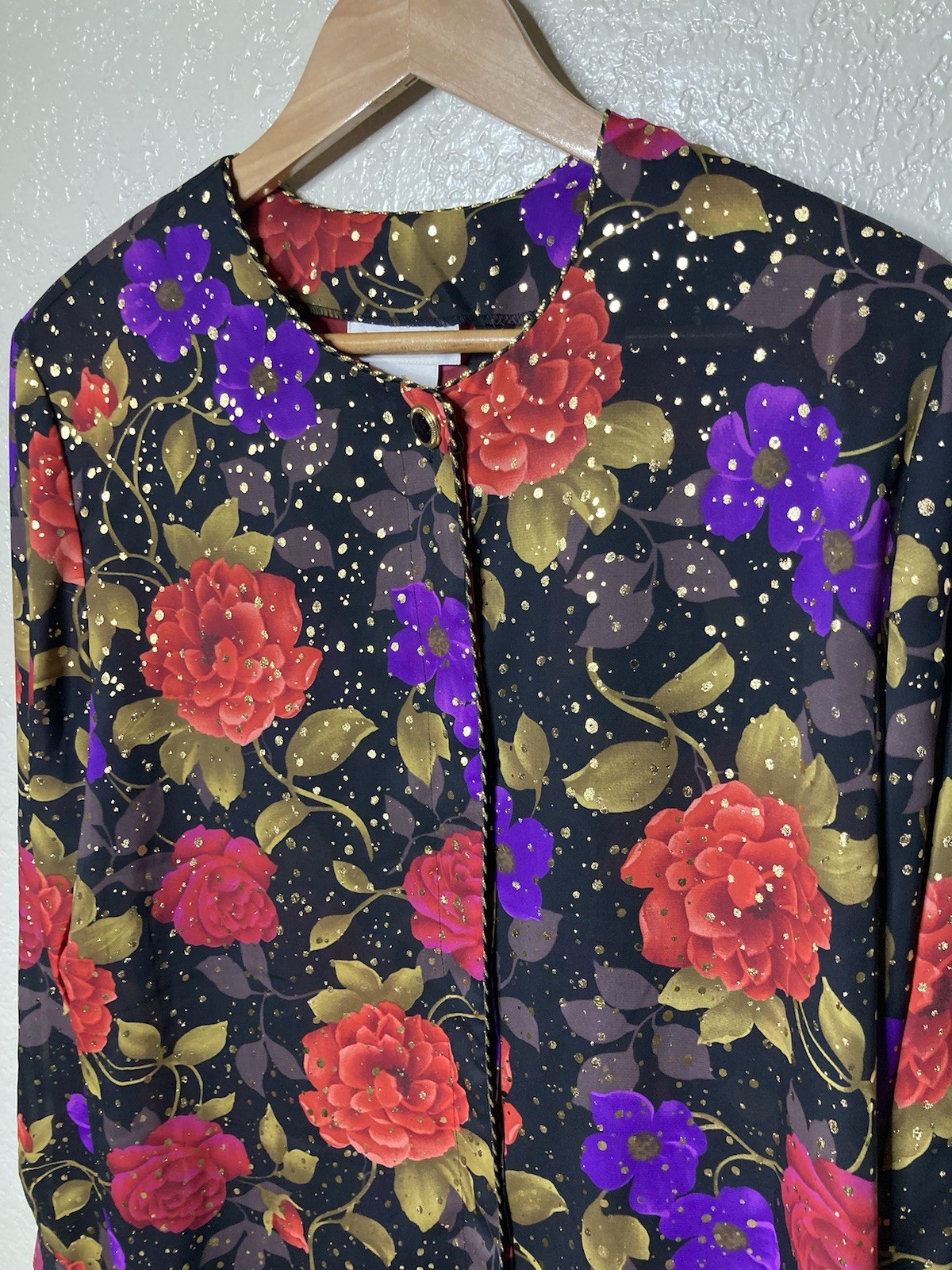 VTG 90s Christie & Jill Ladies Top Mature Floral & Metallic Gold Chiffon Size 16