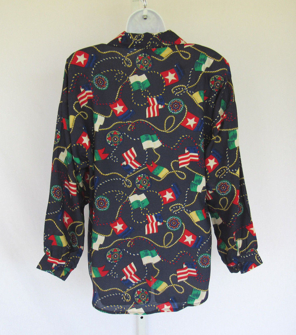 VINTAGE 1980s 90s GEMILLI BLOUSE SHIRT SIZE MEDIUM FLAGS BLUE 100% RAYON