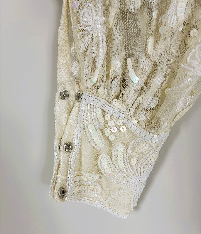 Vintage 1980s Beaded Sequin Lace Gown Ivory Handkerchief Hem Gatsby Bridal Gala