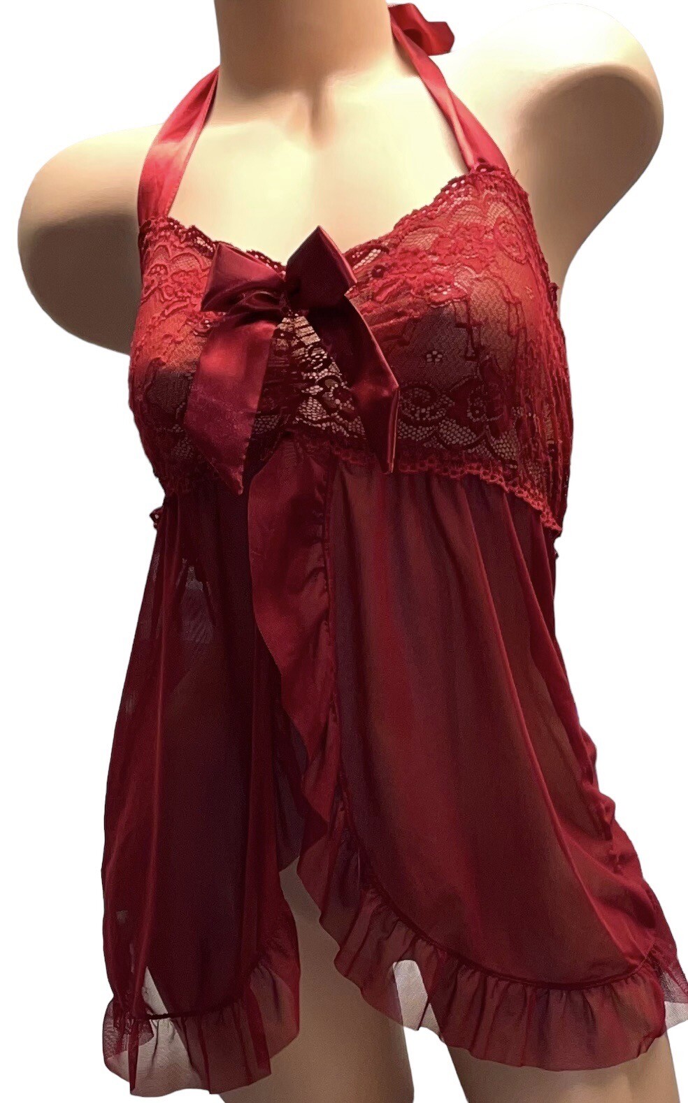 Avidlove Red Sheer Mesh Satin Tie Peekaboo Front Nightie Nightgown M NOS