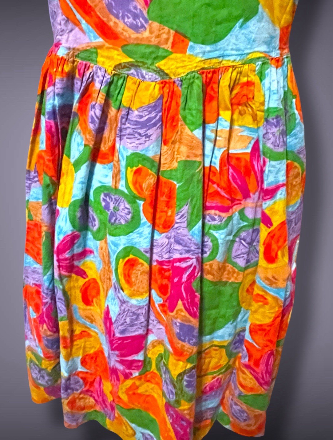 1990’s Bright Rainbow Flower & Fruit Pattern Button Bust Pocket Dress