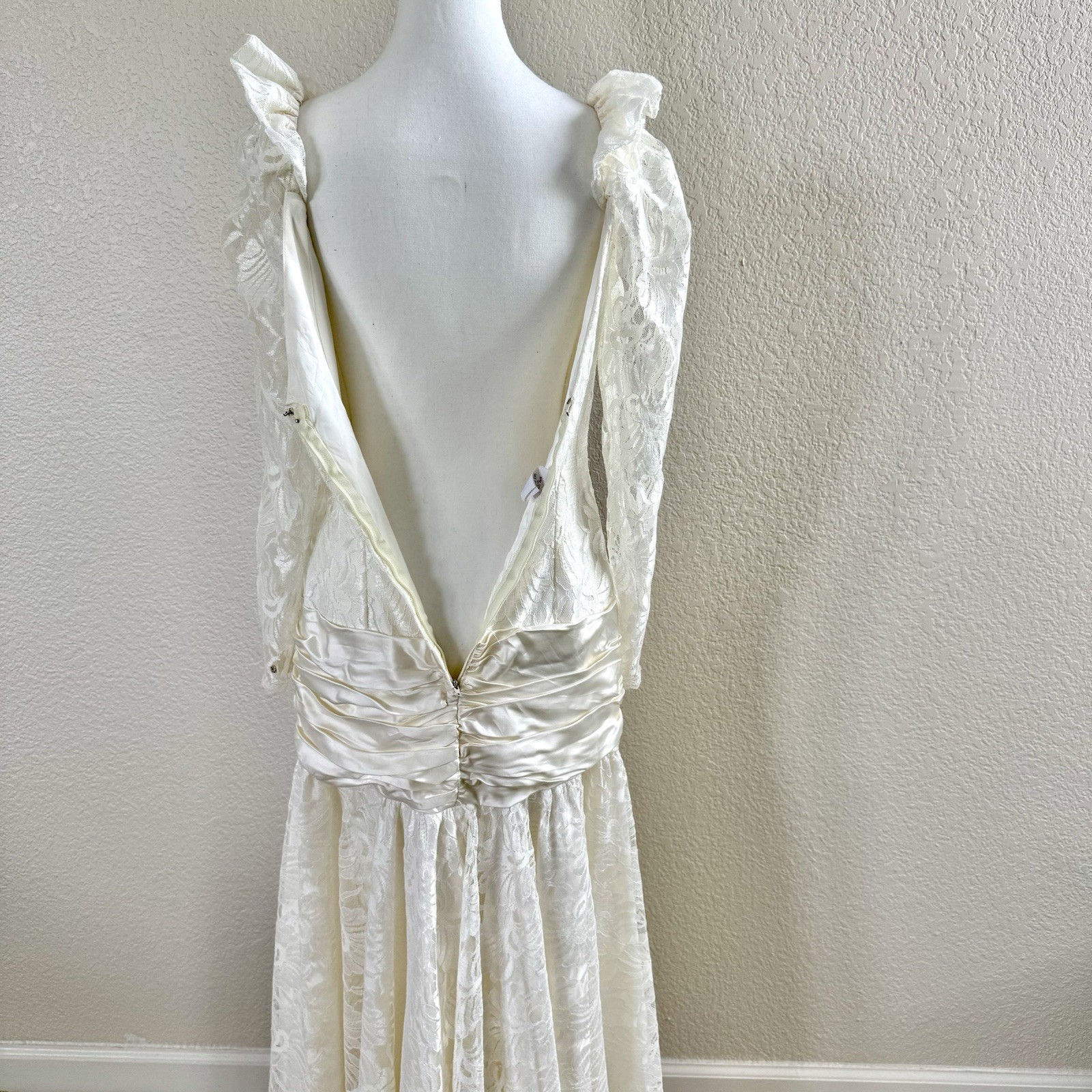 Vintage 80s Bonnell White Lace Chiffon Hi Lo Dress Wedding Prom Party Deco Sz M