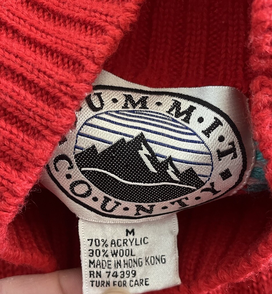 Vintage Summit County Acrylic Wool Cable Knit Red Teal Pullover Holiday Sweater