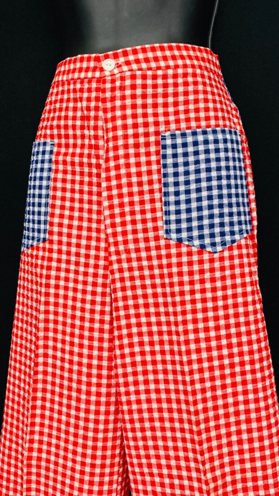 Vintage 1970s red white blue gingham pants, cotton seersucker high waist wide