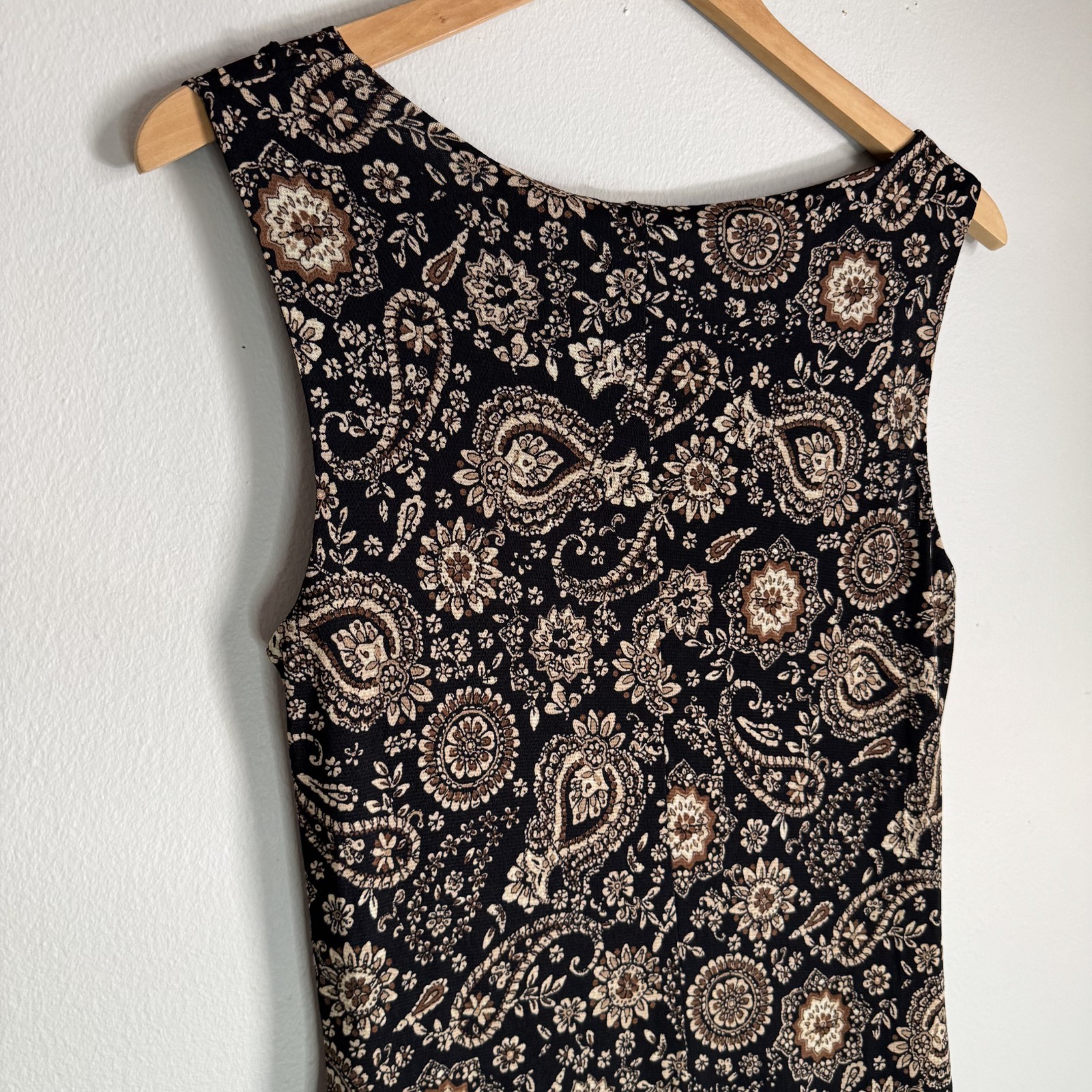 Vtg 90s Paisley Hi-Low Hem Midi Dress Womens Medium 8/10 Black Brown Boho Grunge