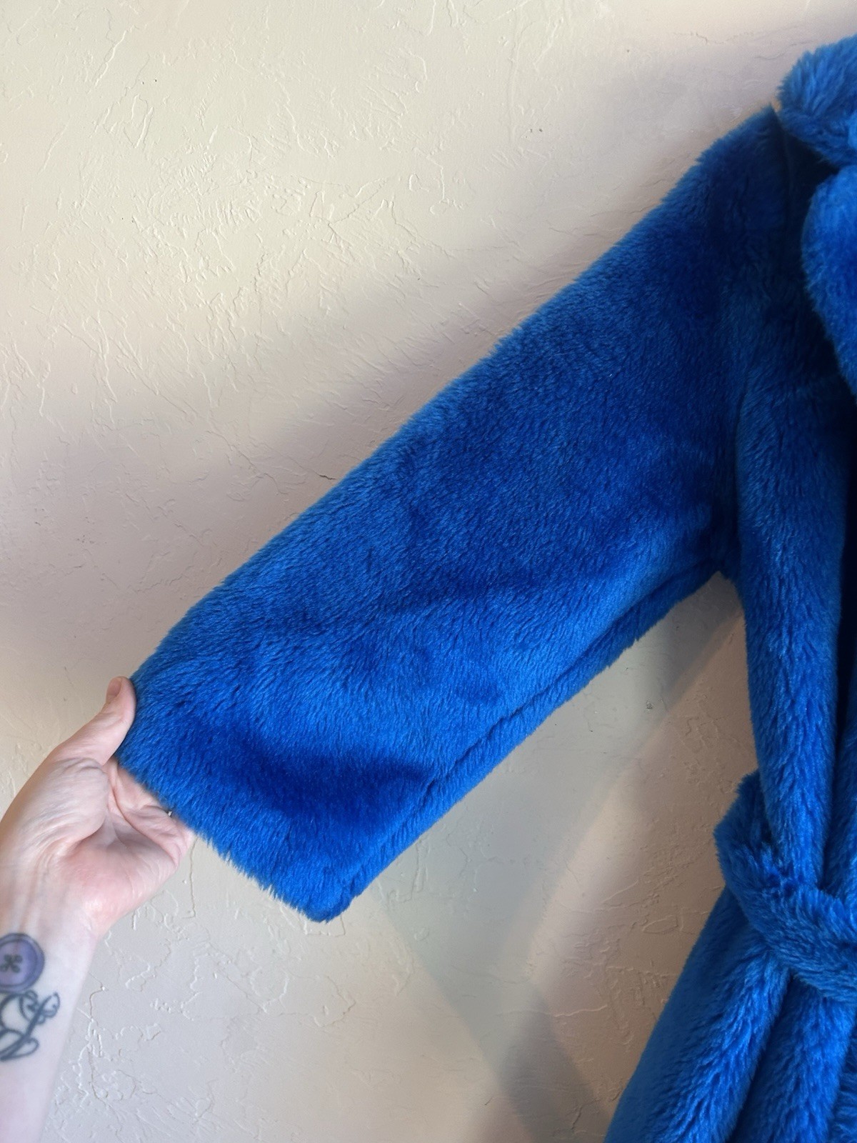 Vintage 70s Faux Fur Maxi Coat 12 Electric Blue Mod Belted Wrap Robe Boho Glam
