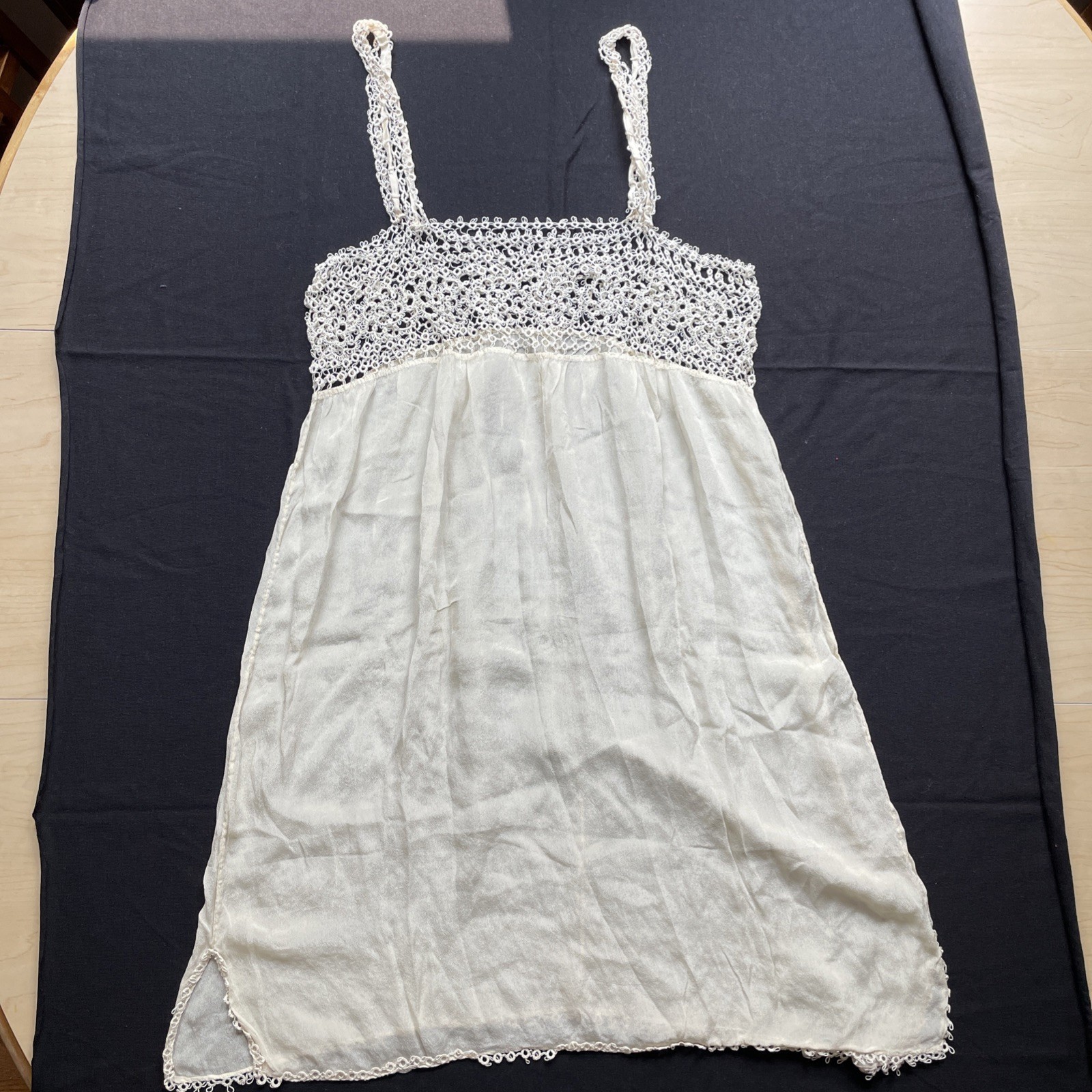 Vintage Ivory Silk Slip With Tatted Lace And Yoke
