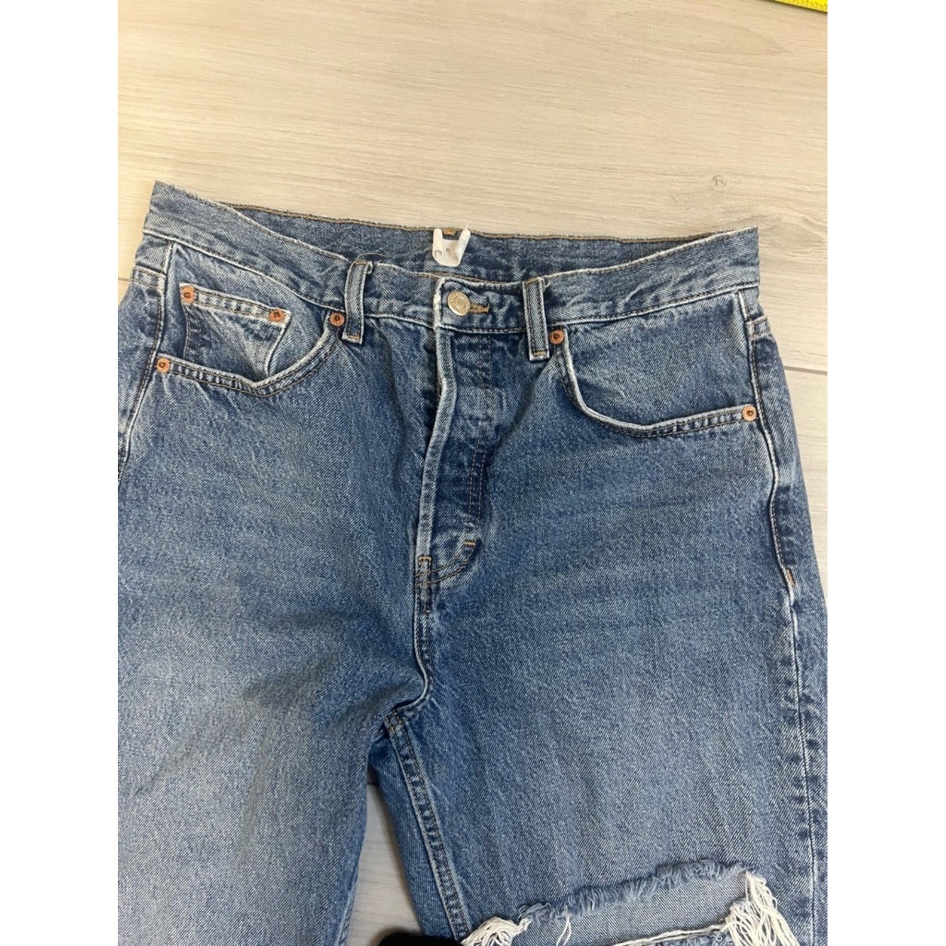 Topshop Wide Leg Jeans Blue Denim 31×32 Distressed Knee High Rise 90s