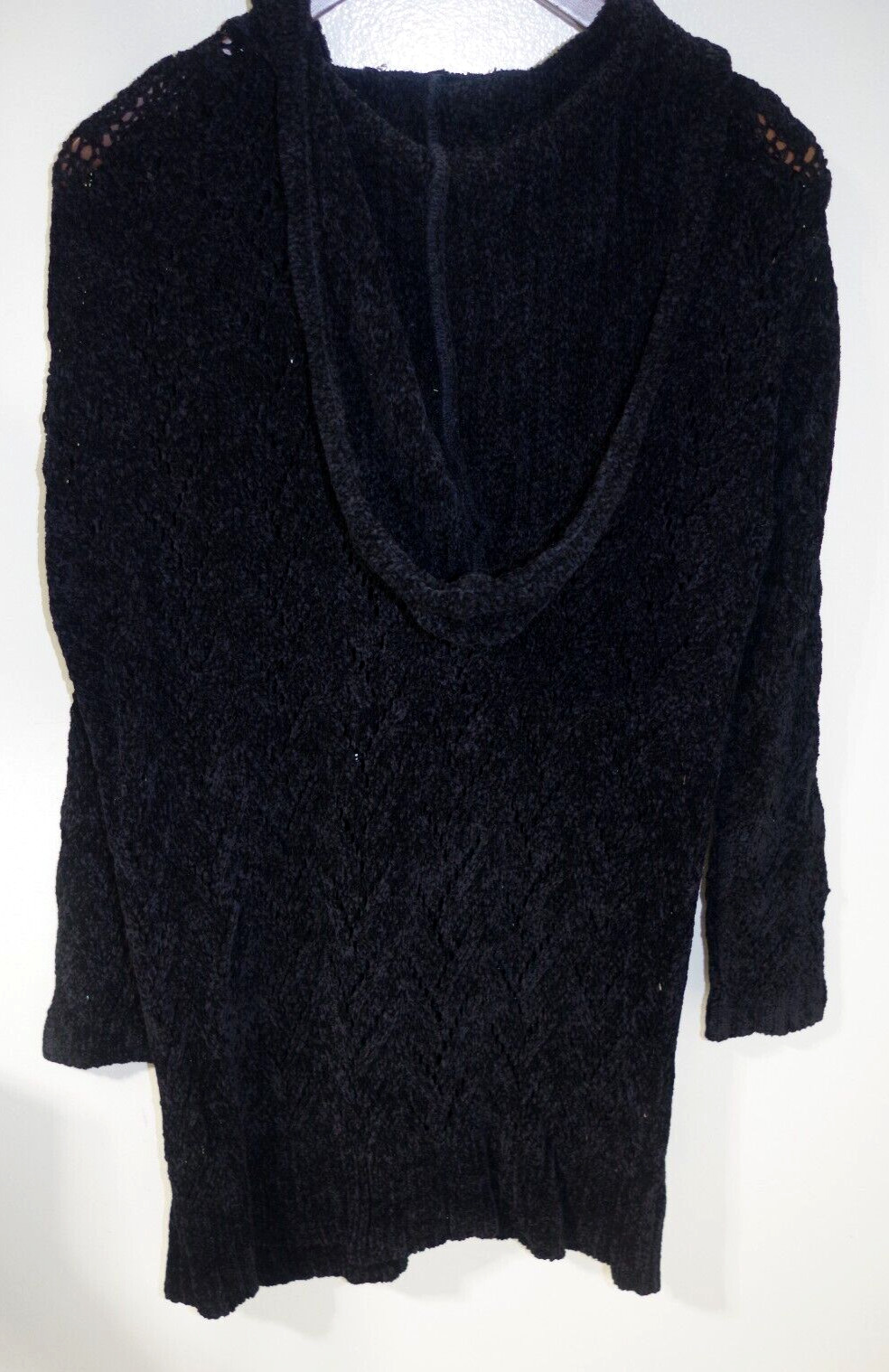 C22 NWT Bonnie Strauss Hoodie Long Cardigan Black Chenille Openwork Knit Coat