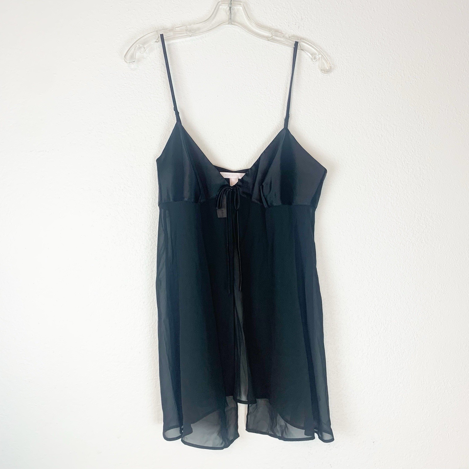 Victoria’s Secret Babydoll Lingerie Womens L Black Vintage 90s Sheer Satin 2884
