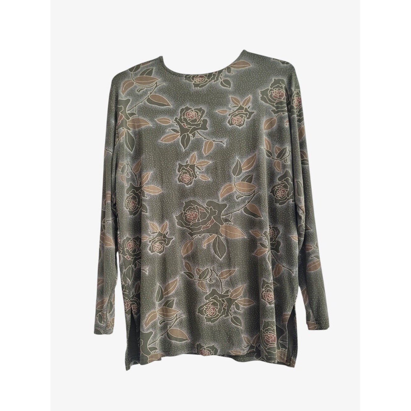 VTG Jostar XL Floral Y2K Slinky Knit Long Sleeve Shirt Top Olive Green USA