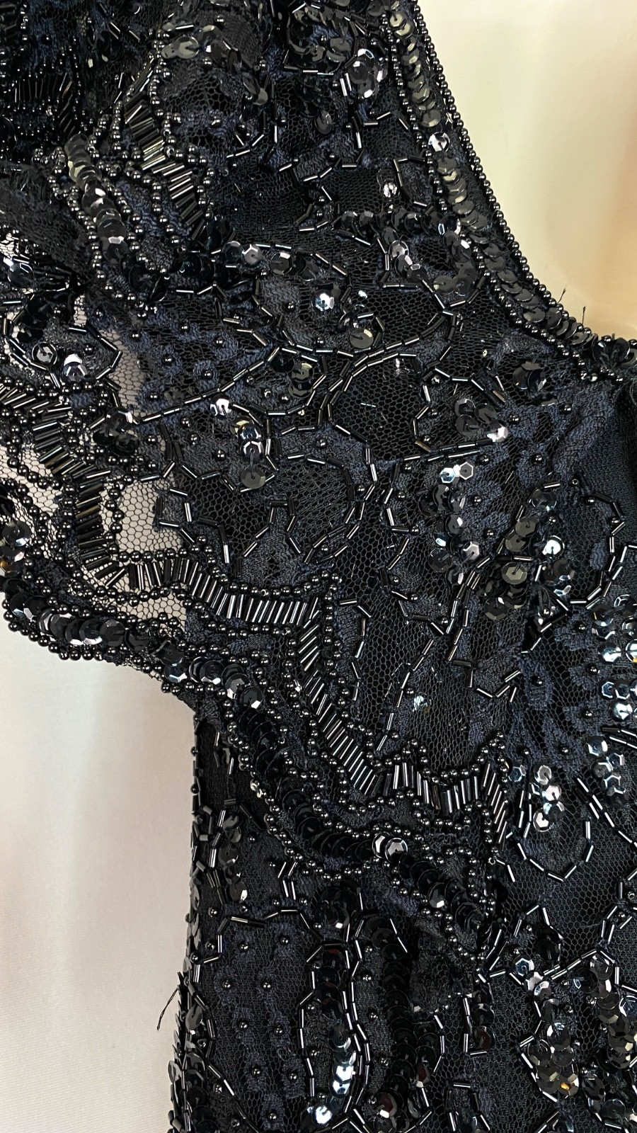 Vintage 1970s black beaded formal dress S pencil wiggle cape sleeve maxi flutter