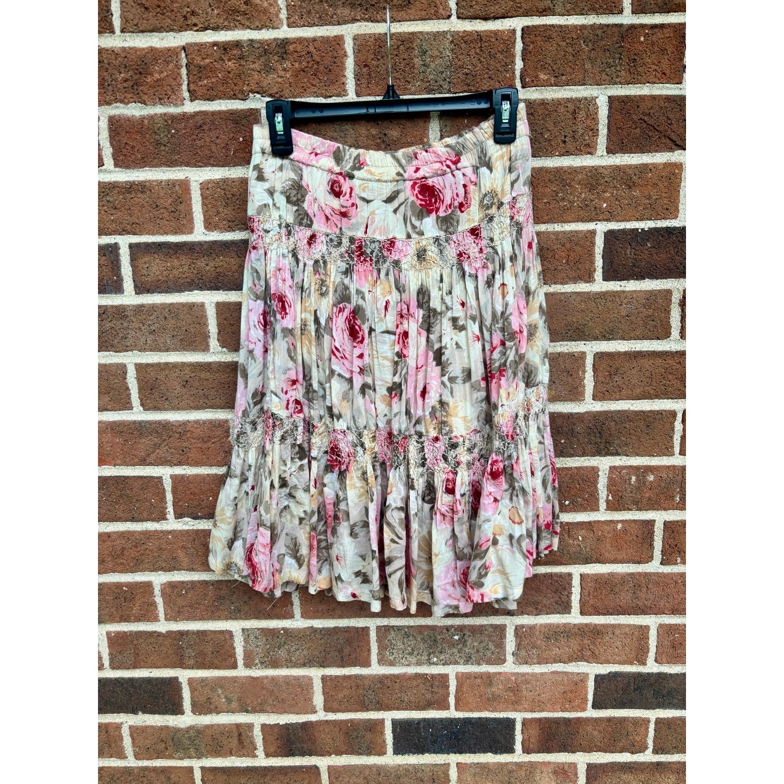 Vintage 1980s Passports Pier 1 Floral Skirt Pink Brown Rayon Cotton Boho Tiers
