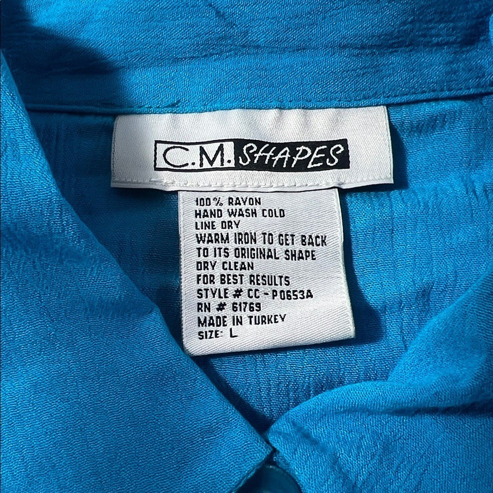 VINTAGE 90’s C.M. Shapes Women’s Blouse Teal & Blue Large Button Up Color Block