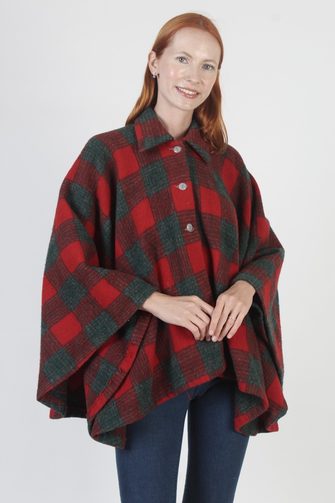 Vintage 50s Tartan Plaid Cape Gingham Holiday Wool Cocoon Poncho Coat Jacket