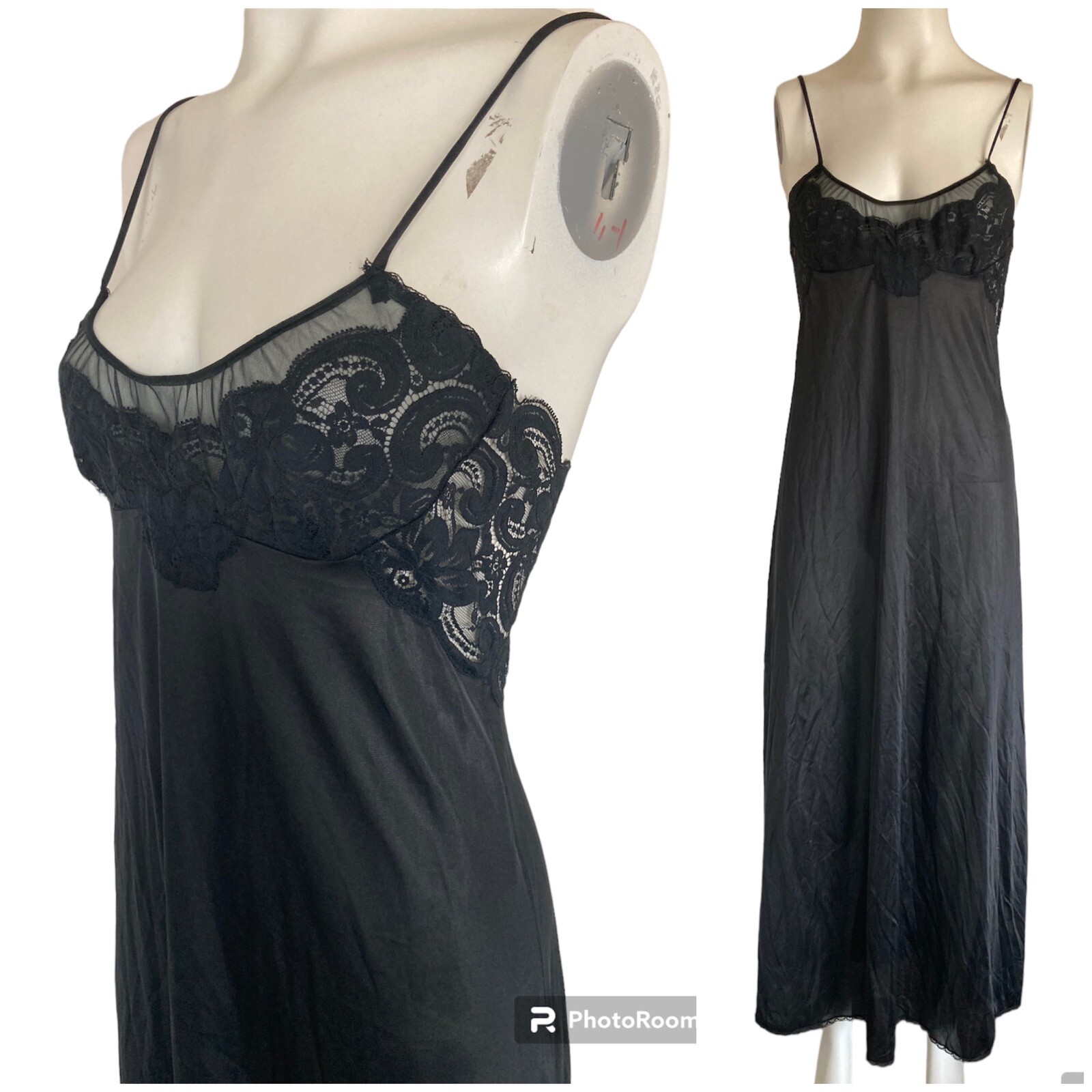 Vintage 70’s Glydons Hollywood Black Nylon Sheer Lace Negligee Nightgown Sz S