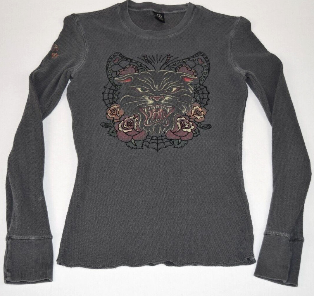 Vintage Thermal T-Shirt Lucky Peace Size S 80s 90s Wildcat & Roses Waffle Weave